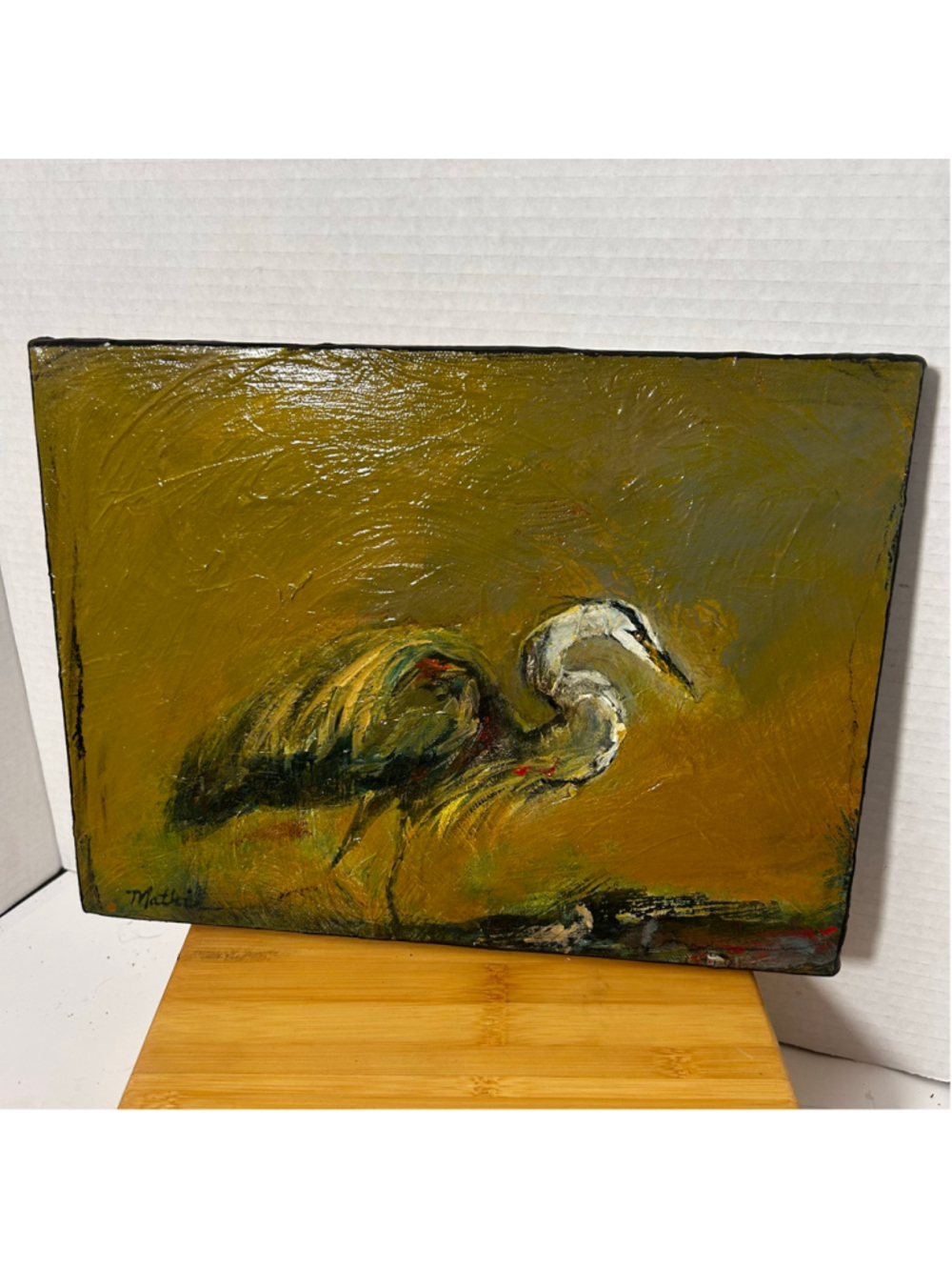 Vintage Acrylic Painting "Heron Day Green" by Christopher Mathis 2008 12x9"